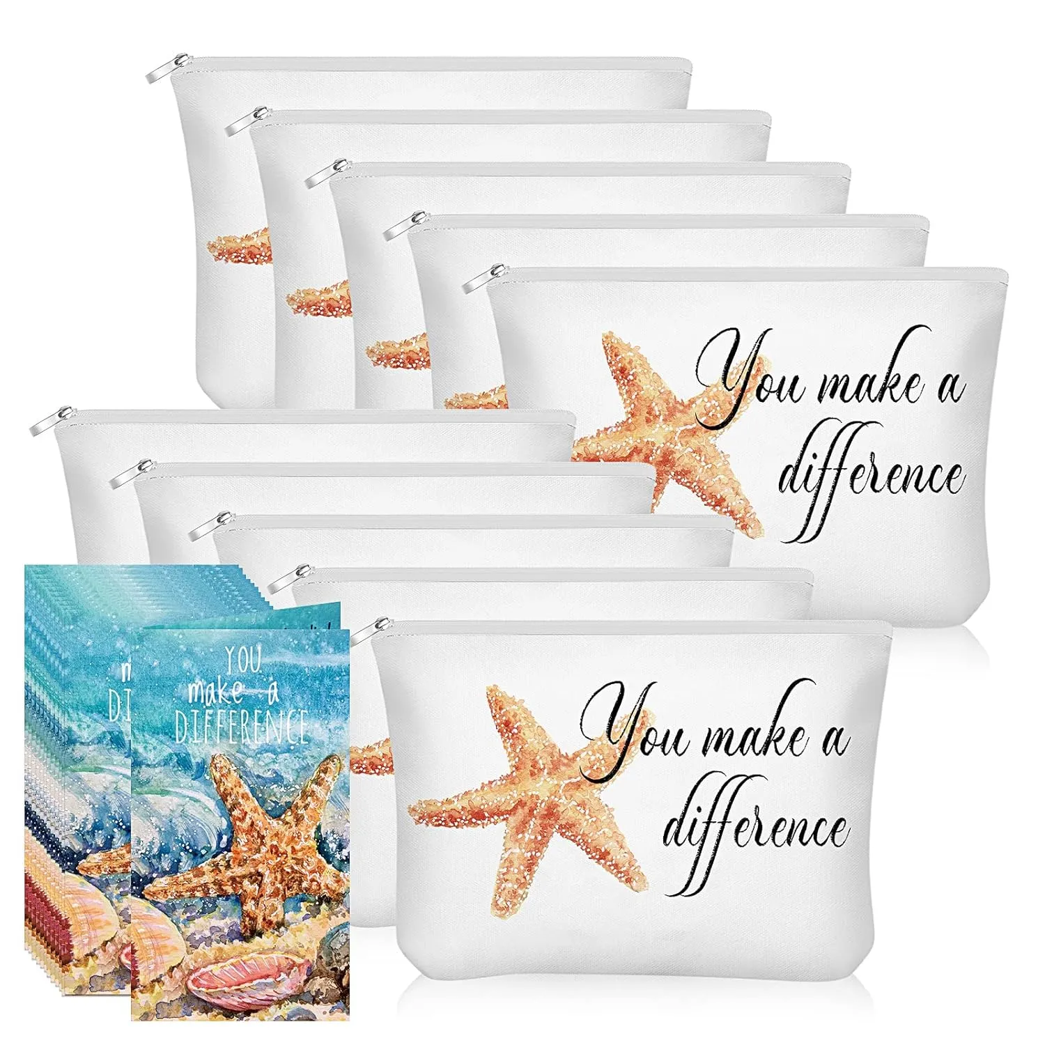 10 Pcs Inspirational Gift Cosmetic Bags You Make a Difference Gift Pouch with Starfish Motivational Cards Volunteer Appreciation Makeup Bag with Zipper for Women Assistant Secretary Teacher Nurse