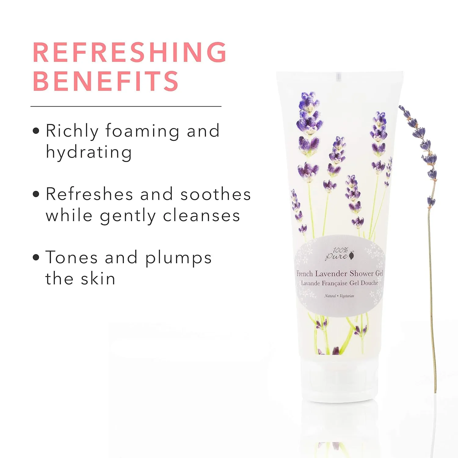 100% PURE French Lavender Shower Gel Natural Foaming & Hydrating Body Wash - Deeply Moisturizing Gentle Soap Cleanser for All Skin Types, Even Sensitive - Gluten-Free - 8 Fl Oz