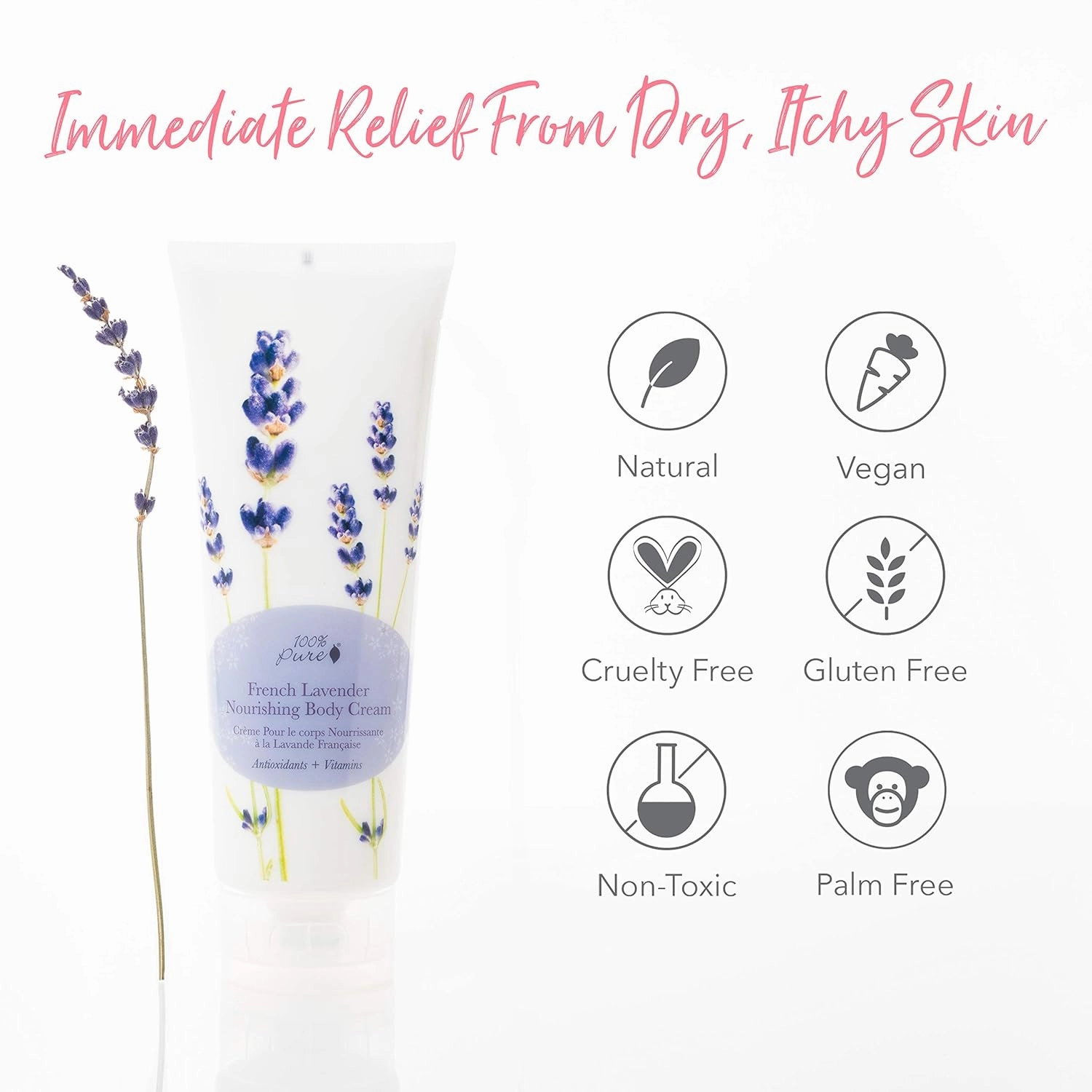 100% PURE Nourishing Body Cream French Lavender Lotion Luxurious Botanical Dry Skin Hydration & Replenishment, Natural Anti-Aging Moisturizer & Skincare for All Skin Types Women & Men - Vegan - 8 oz