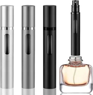 10ml Perfume Atomizer Travel Refillable,Bottom-Filling Fragrances Perfumes Bottle,Mini Cologne Dispenser，Portable Sprayer Pocket Size for Women Men Cruise Car Trip Gift 3pcs（Black-Grey-Silver）