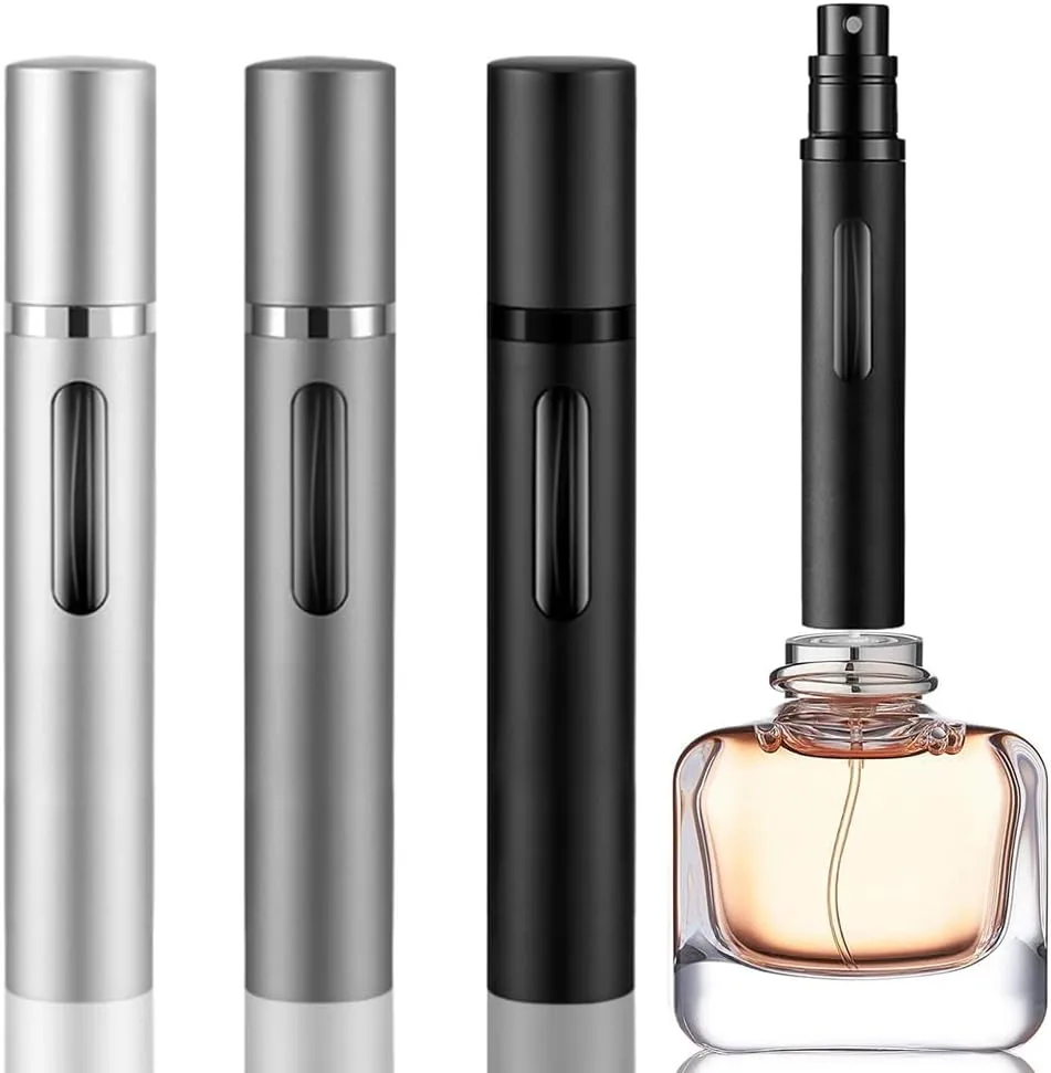10ml Perfume Atomizer Travel Refillable,Bottom-Filling Fragrances Perfumes Bottle,Mini Cologne Dispenser，Portable Sprayer Pocket Size for Women Men Cruise Car Trip Gift 3pcs（Black-Grey-Silver）
