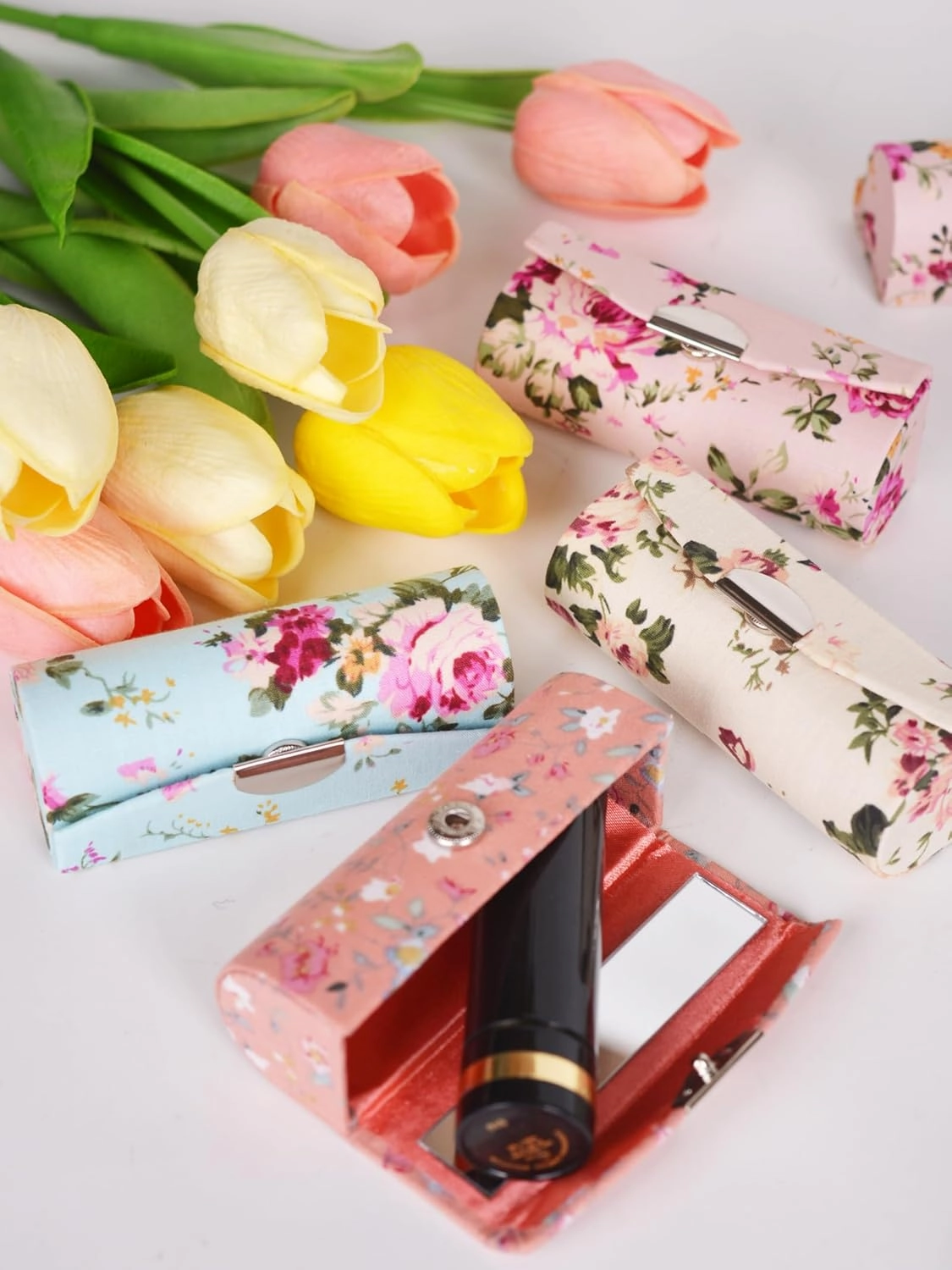 12 Pcs Lipstick Case with Mirror Floral Design Lipstick Holder Flower Printing Lip Stick Box (Pattern A)