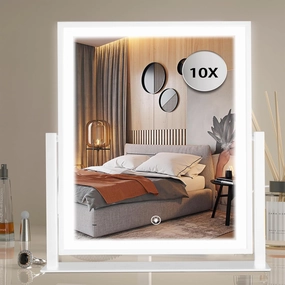 16.7"×13.8" Vanity Mirror with Lights LED Makeup Mirror Lighted Smart Large Mirror for Bedroom Tabletop Touch Control Dimmable 3 Color Modes,Detachable 10X Magnification,360°Rotation