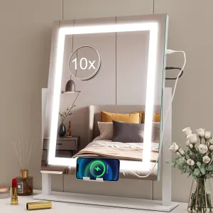 16" x 12" Makeup Mirror with Lights and 10X Magnification, 3-Color Dimmable LED Lighting & Touch Control for Travel/Dressing Room