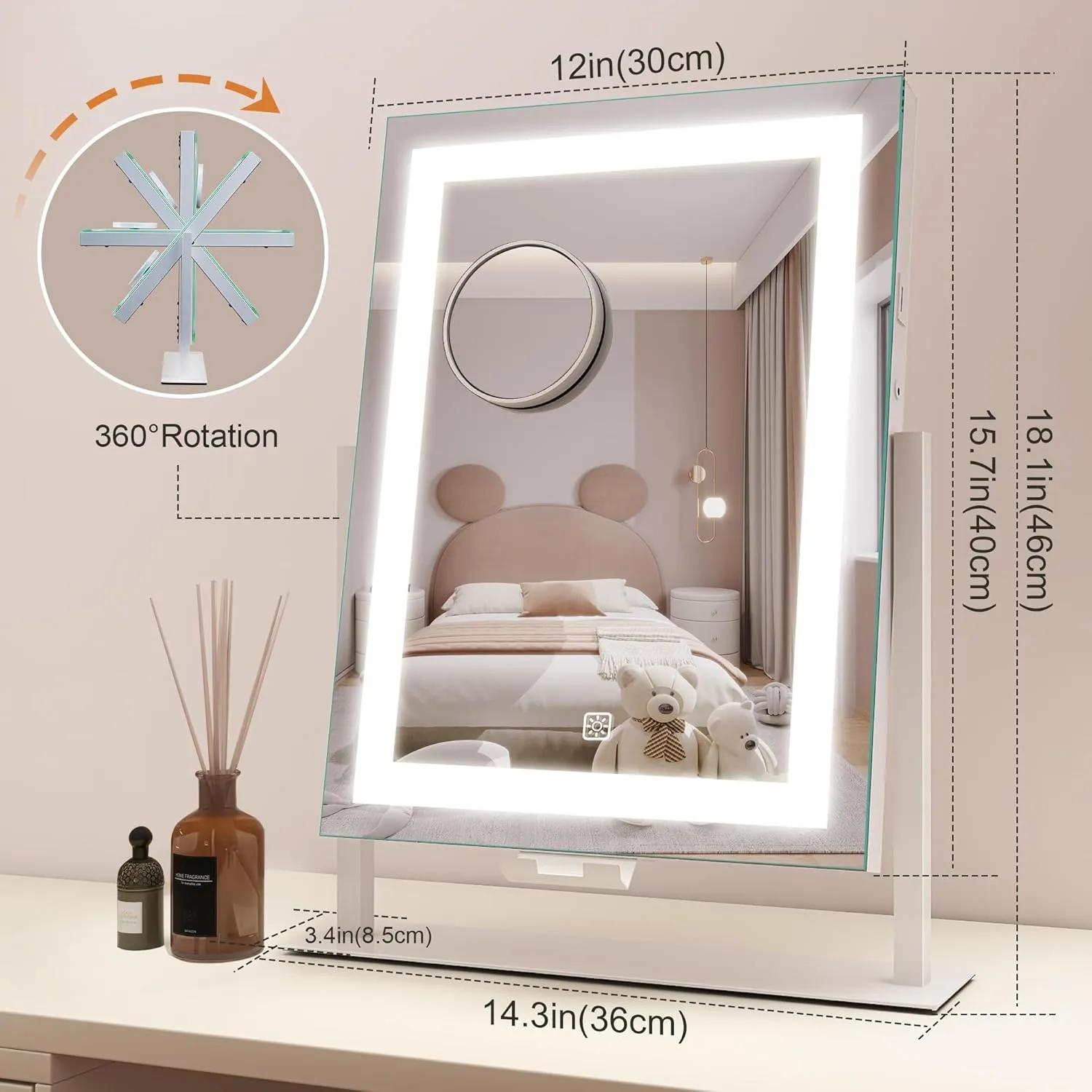 16" x 12" Makeup Mirror with Lights and 10X Magnification, 3-Color Dimmable LED Lighting & Touch Control for Travel/Dressing Room