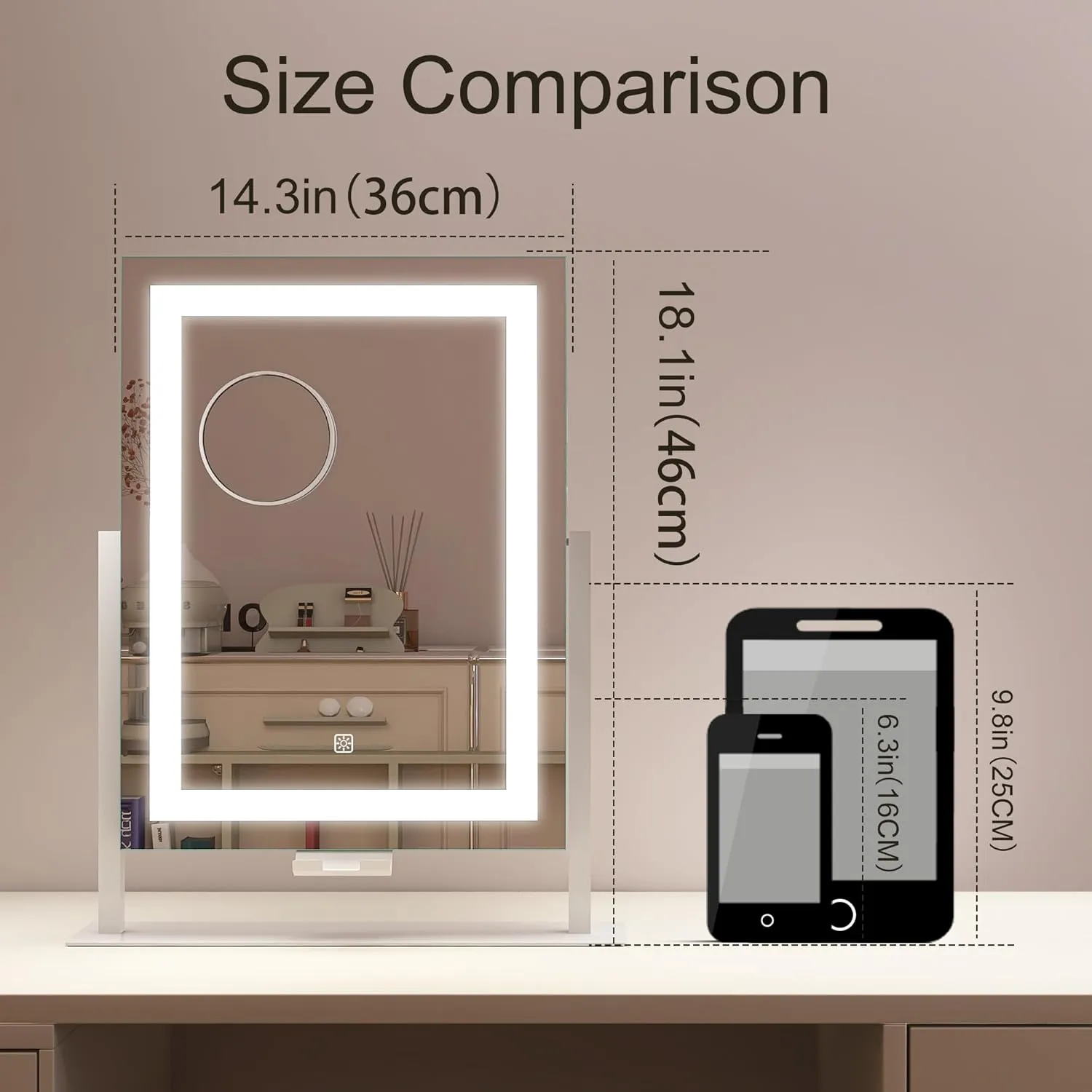 16" x 12" Makeup Mirror with Lights and 10X Magnification, 3-Color Dimmable LED Lighting & Touch Control for Travel/Dressing Room