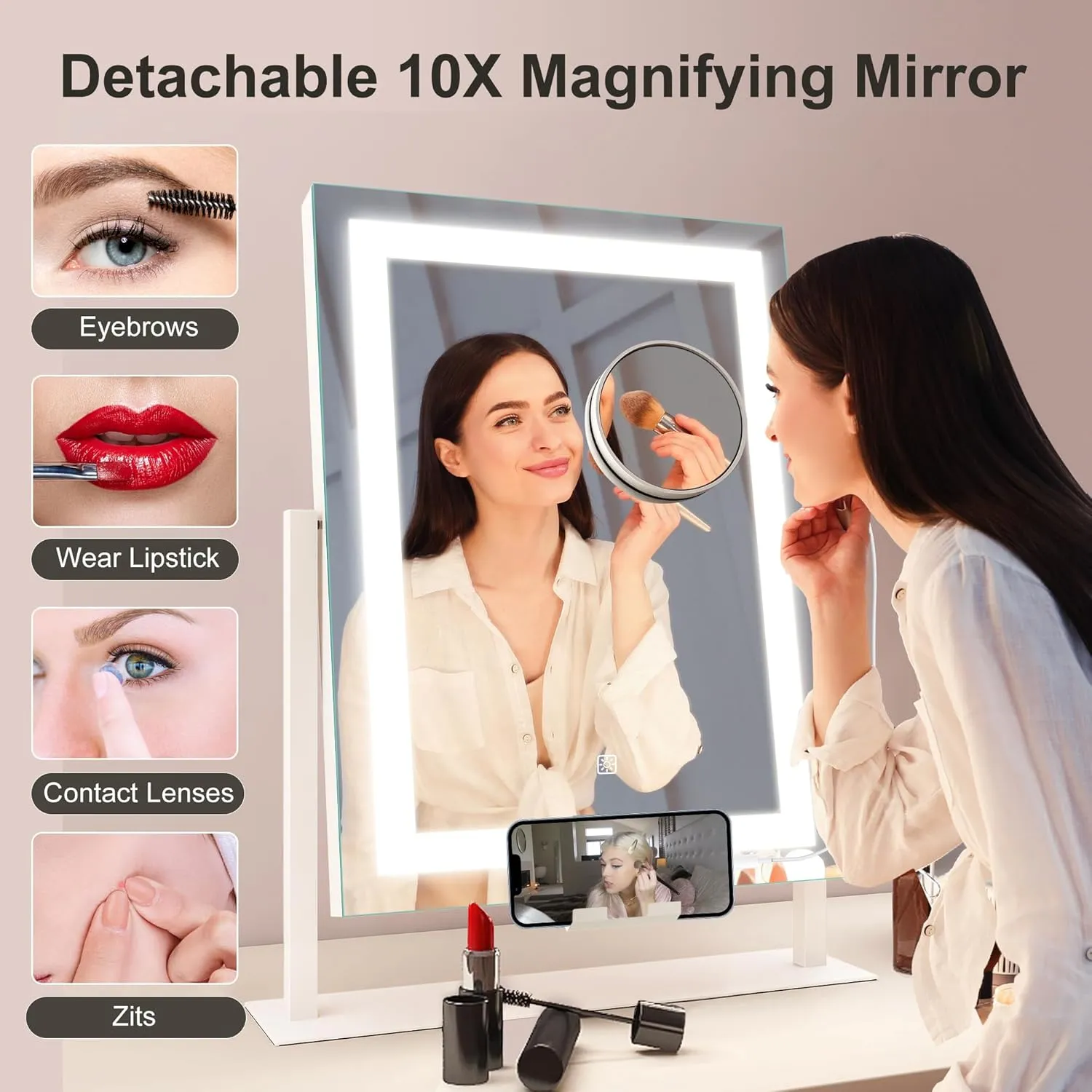 16" x 12" Makeup Mirror with Lights and 10X Magnification, 3-Color Dimmable LED Lighting & Touch Control for Travel/Dressing Room