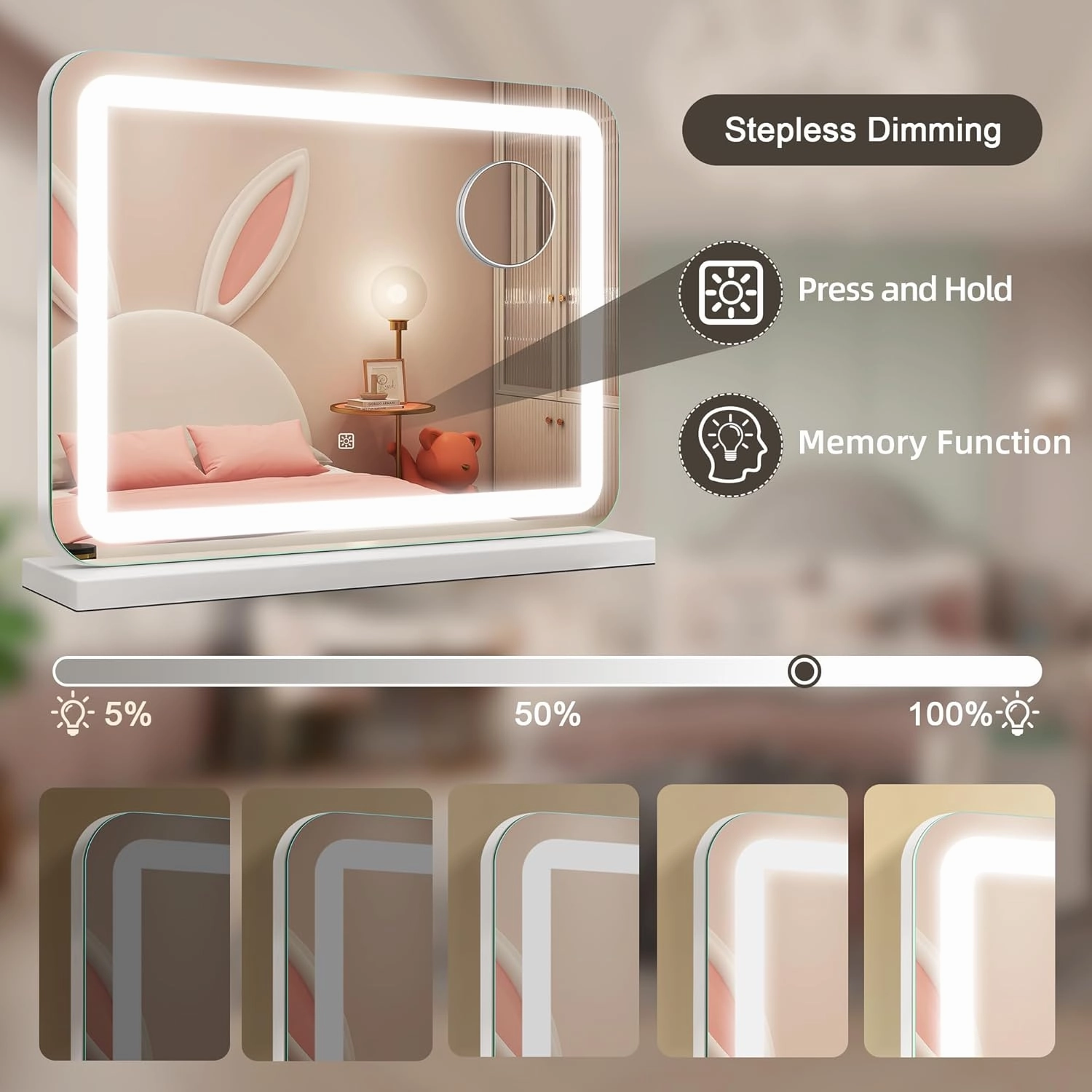 22.8" x 18.2" Makeup Mirror with Lights and 10X Magnification, 3-Color Dimmable LED Lighting & Touch Control, USB Charging Port for Travel/Dressing Room