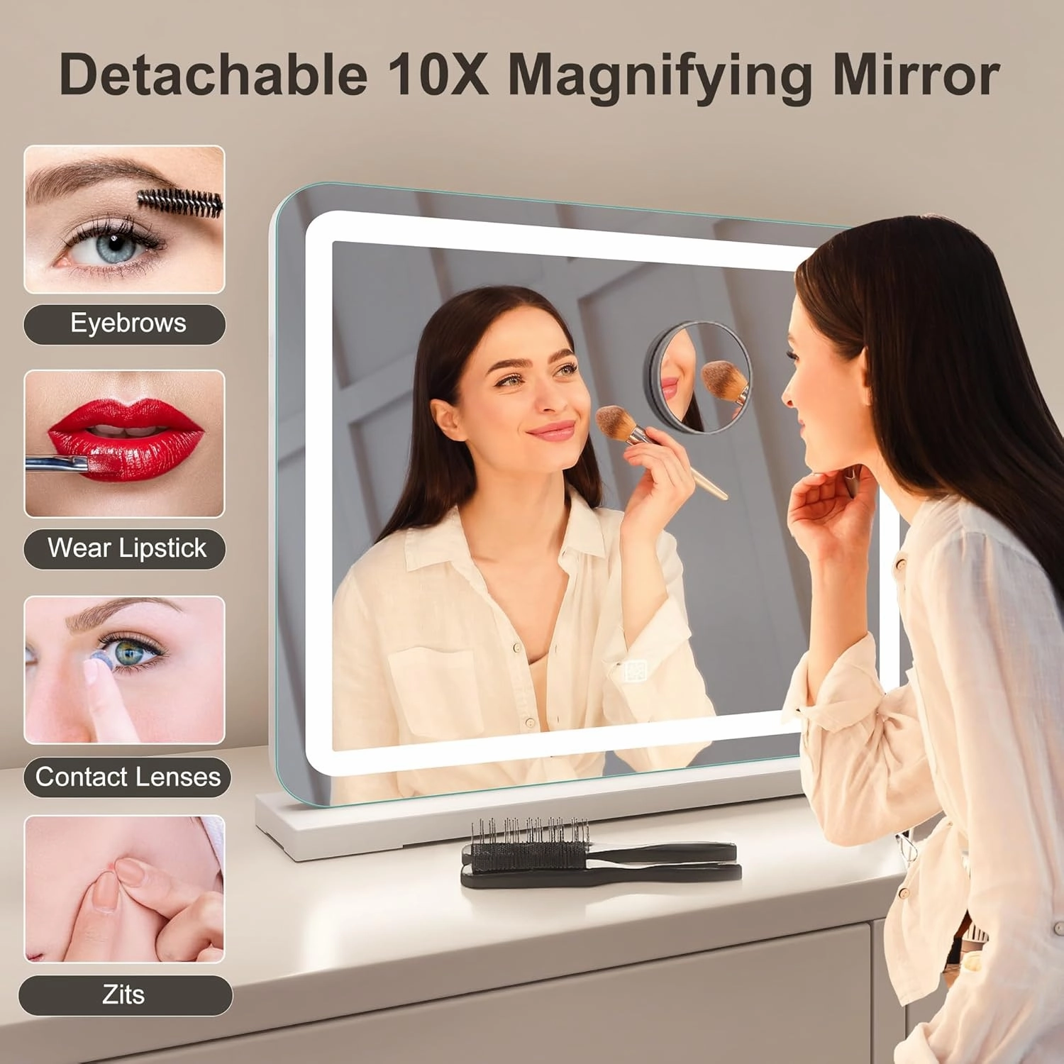 22.8" x 18.2" Makeup Mirror with Lights and 10X Magnification, 3-Color Dimmable LED Lighting & Touch Control, USB Charging Port for Travel/Dressing Room