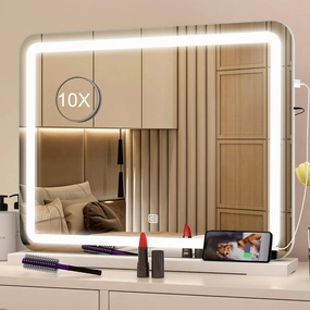 22.8" x 18.2" Makeup Mirror with Lights and 10X Magnification, 3-Color Dimmable LED Lighting & Touch Control, USB Charging Port for Travel/Dressing Room