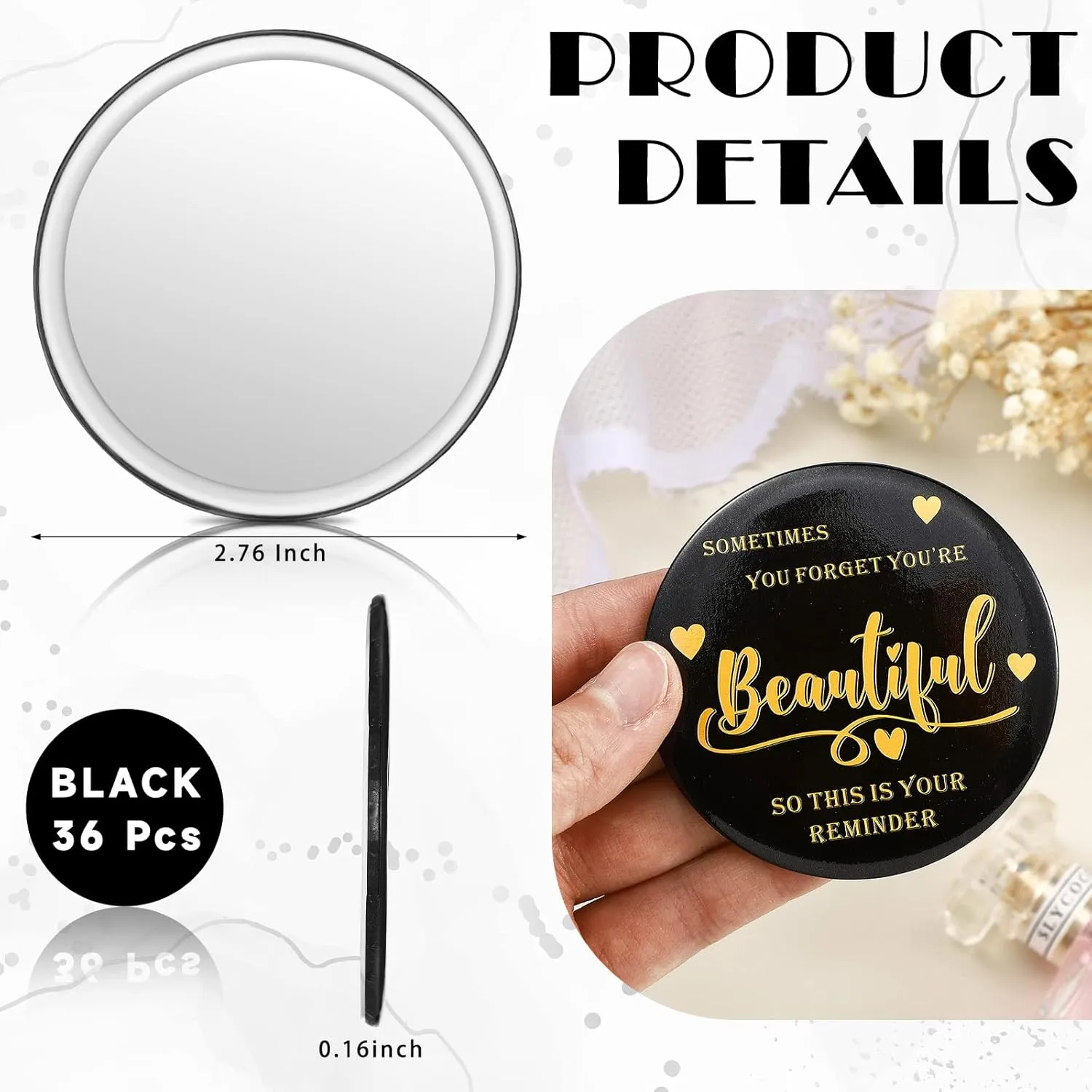 2.76 Inch 36 Pcs Inspirational Compact Mirror Bulk Employee Round Makeup Glass Mirror Personal Purse Pocket Mini for ‌Galentines Day Women Coworker Nurse Friends(You're Beautiful)