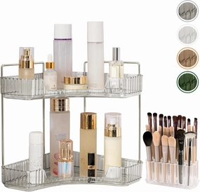 2-Tier Makeup Organizer for Vanity With Brush Holder,High-Capacity Skincare Clear Make Up Storage Perfume Organizers Cosmetic Dresser Organizer Corner Bathroom Counter Organizer(Gray)