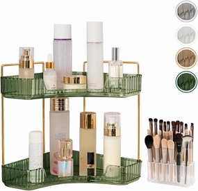 2-Tier Makeup Organizer for Vanity With Brush Holder,High-Capacity Skincare Clear Make Up Storage Perfume Organizers Cosmetic Dresser Organizer Corner Bathroom Counter Organizer(Green)