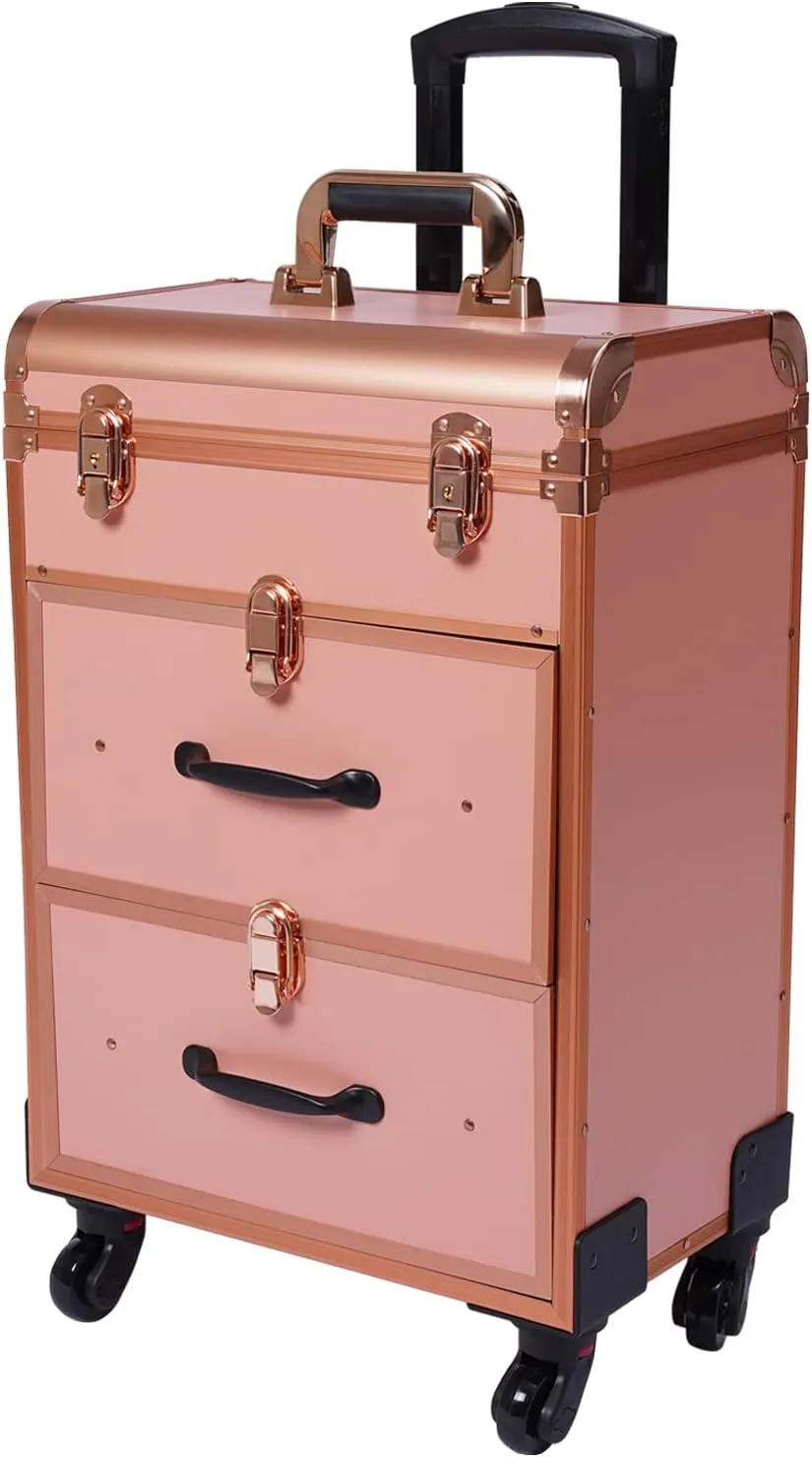3 Layers Rolling Makeup Case, Makeup Case on Wheels,Makeup Artist Travel Case with 4 Universal Wheels,Large Cosmetic Trollry with Locks and Dividers,for Manicurist(Gold)