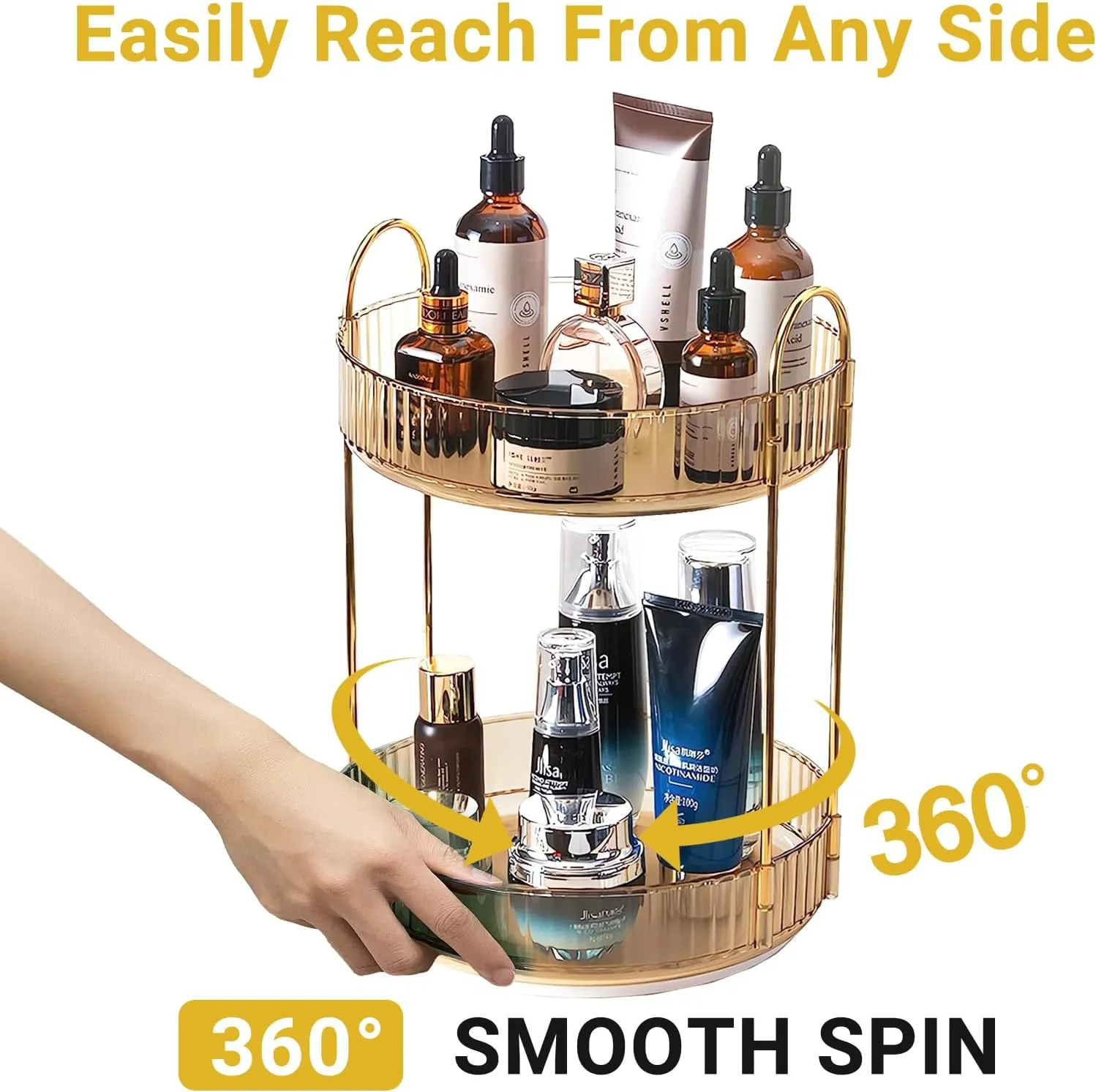 360 Rotating Gold Makeup Organizer,2 Tier Large Capacity Rotating Makeup Organizer,SkincarePerfume Organizer,Bathroom Cosmetics Storage Organizer Countertop (Gold-2 Tier)