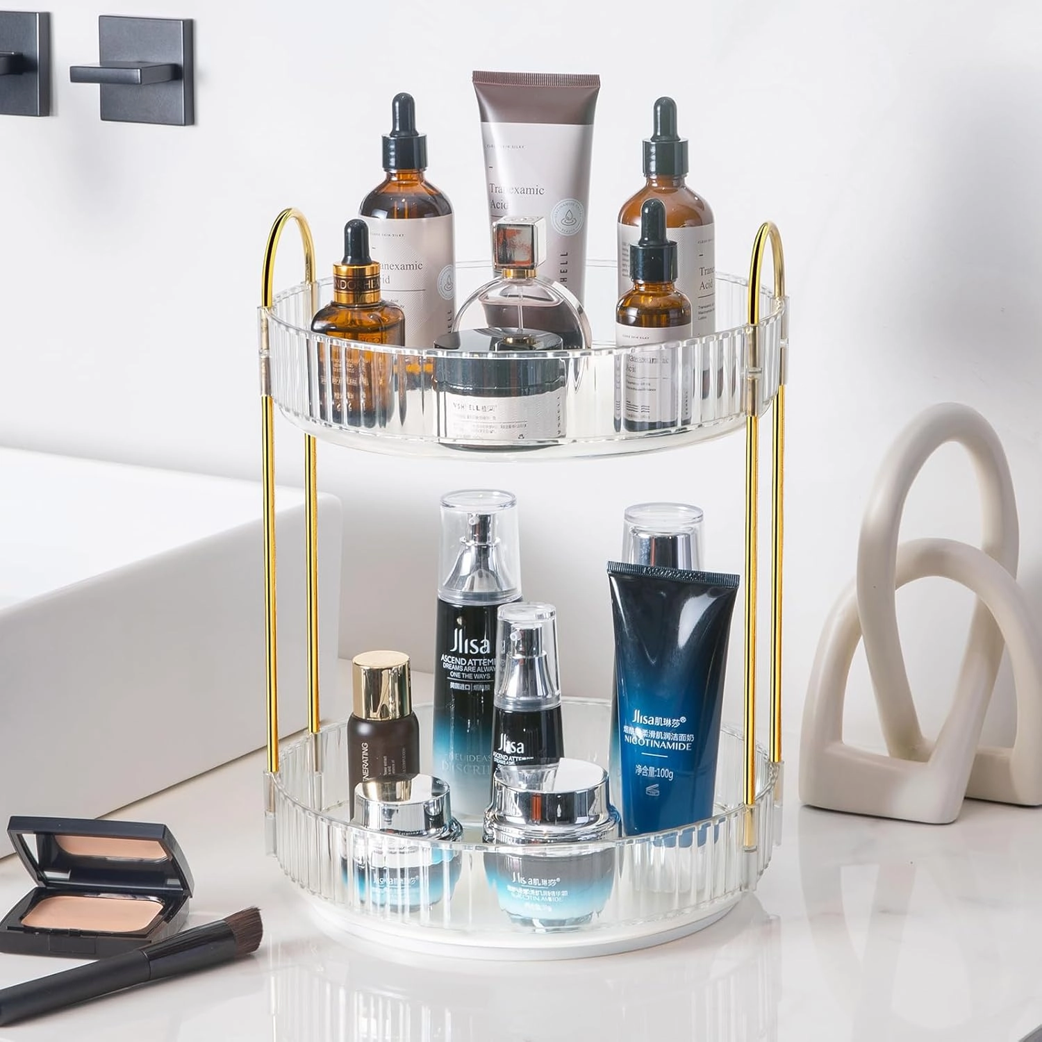 360 Rotating Makeup Organizer for Vanity, High-Capacity Skincare Storage, Spinning Cosmetics Holder for Bathroom Dresser Countertop (2 Tiers, Clear)