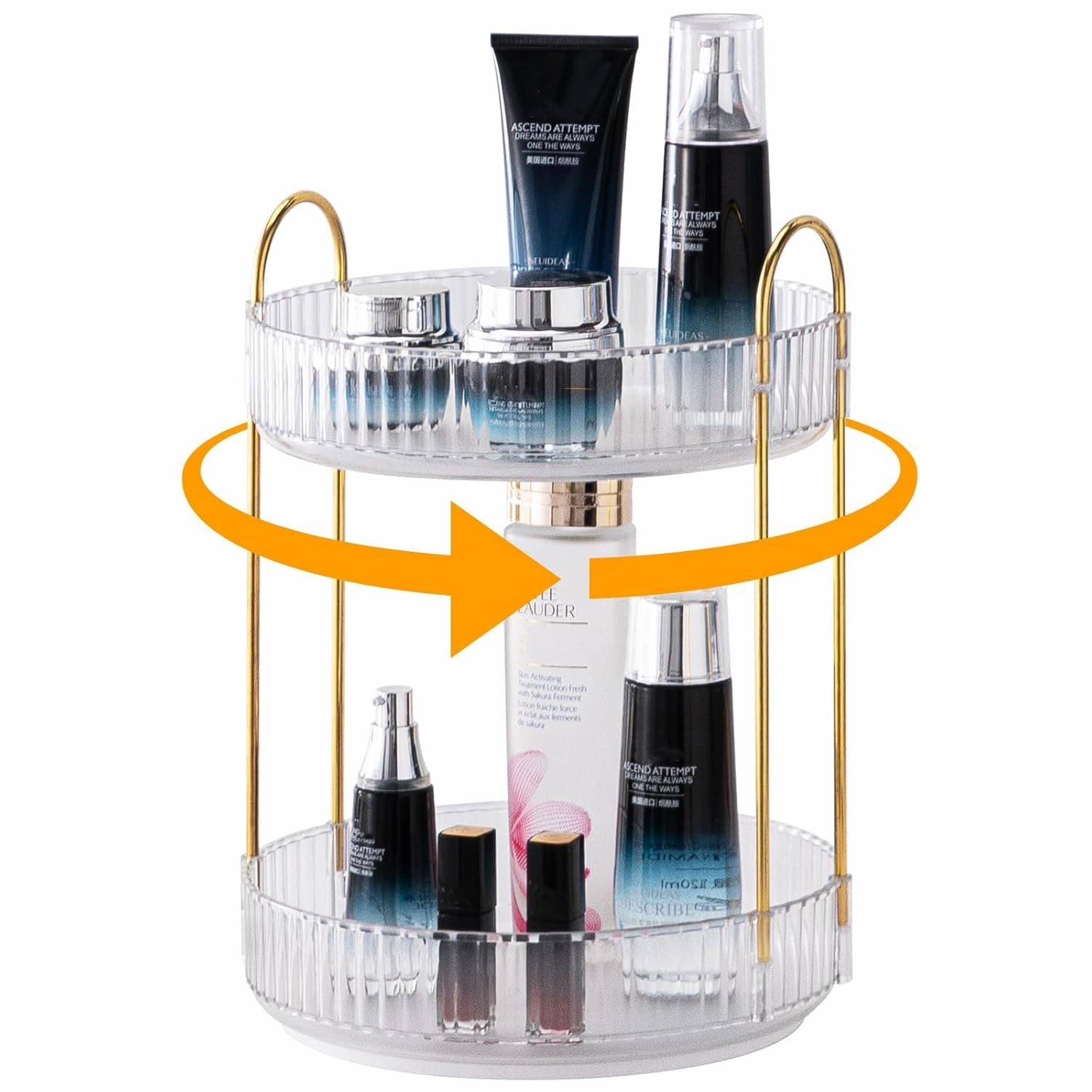 360 Rotating Makeup Organizer for Vanity, High-Capacity Skincare Storage, Spinning Cosmetics Holder for Bathroom Dresser Countertop (2 Tiers, Clear)