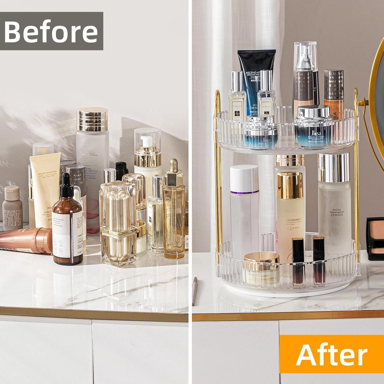 360 Rotating Makeup Organizer for Vanity, High-Capacity Skincare Storage, Spinning Cosmetics Holder for Bathroom Dresser Countertop (2 Tiers, Clear)