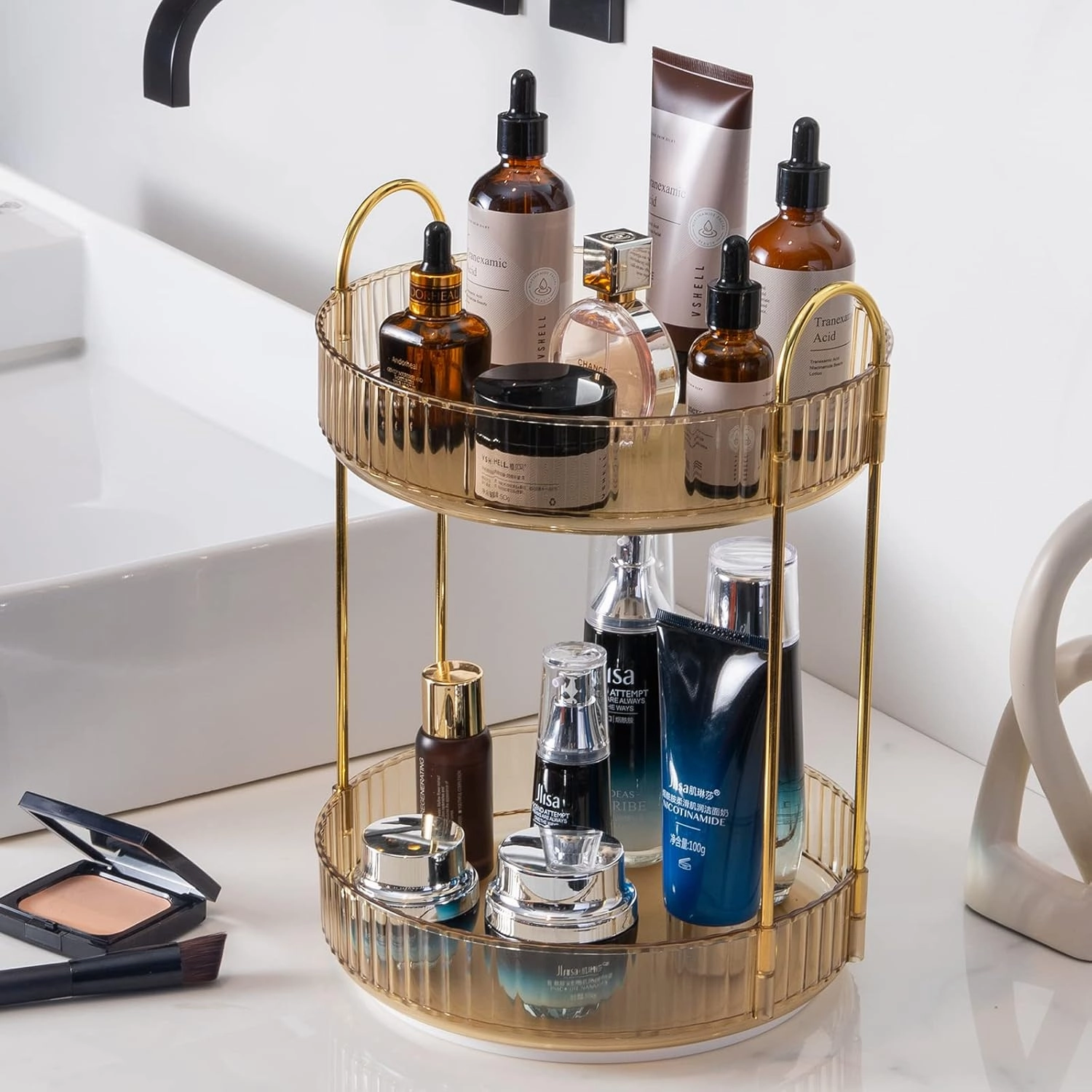 360 Rotating Makeup Organizer, Yellow, Unisex, 2 Tier Countertop Storage, Large Capacity, Cosmetics, Perfume, Skincare, Lipsticks