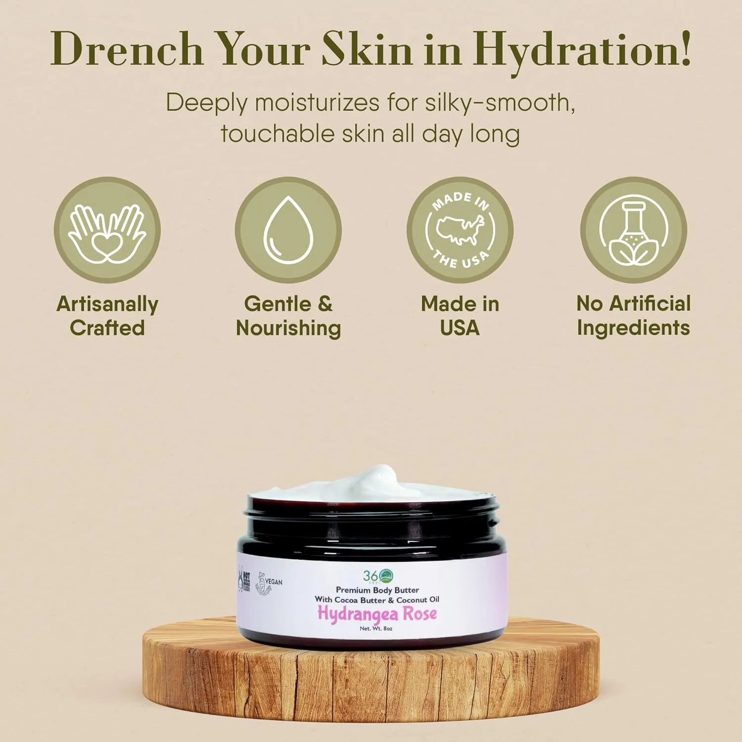 360Feel Hydrangea Rose Body Butter - Nourishing and Hydrating Shea Body Butter with a Gentle Formula - Handmade with Essential Oils - Creamy Formula for Daily Use - Zero Harsh Additives - 8 Ounce