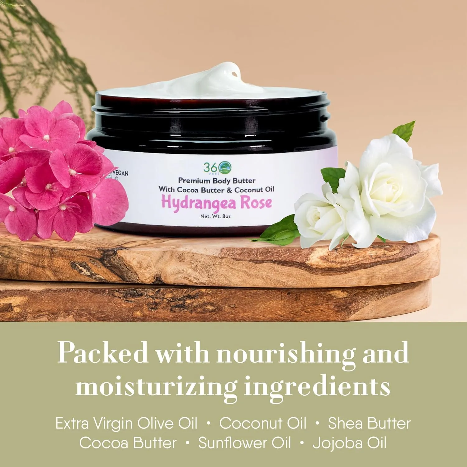 360Feel Hydrangea Rose Body Butter - Nourishing and Hydrating Shea Body Butter with a Gentle Formula - Handmade with Essential Oils - Creamy Formula for Daily Use - Zero Harsh Additives - 8 Ounce