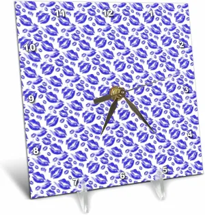 3dRose 6x6 Desk Clock - Two Kisses Collided Lip Bold Blue Lips Pattern Pattern - Lipstick Kisses