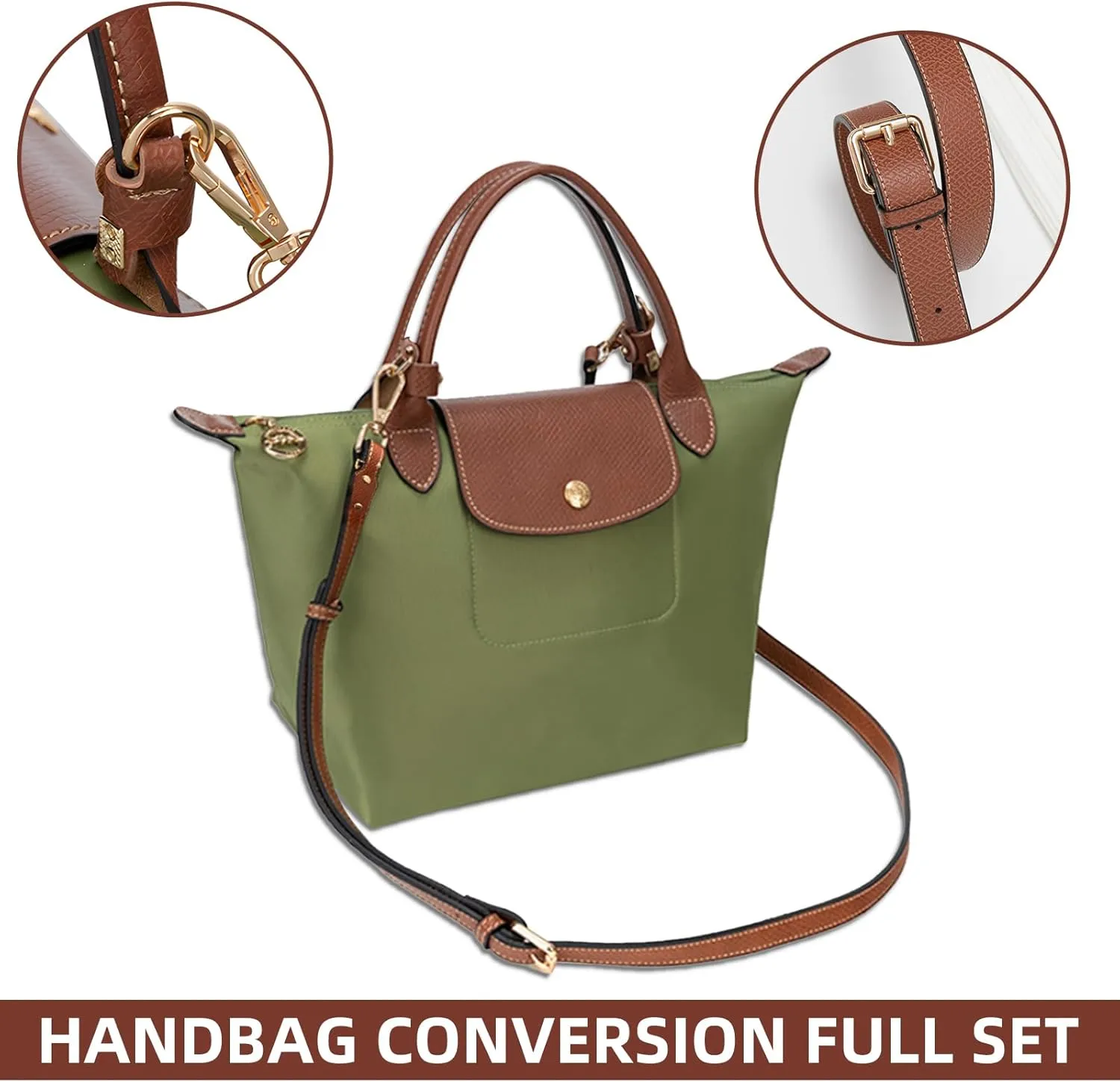 4 pcs Leather Bag Strap Conversion Kit and Felt Bag Organizer, CNYMANY Small Bag Shoulder Strap Replacement Set and Felt Purse Insert Organizer Compatible with Longchamp Small Handbag - Brown