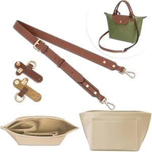 4 pcs Leather Bag Strap Conversion Kit and Felt Bag Organizer, CNYMANY Small Bag Shoulder Strap Replacement Set and Felt Purse Insert Organizer Compatible with Longchamp Small Handbag - Brown