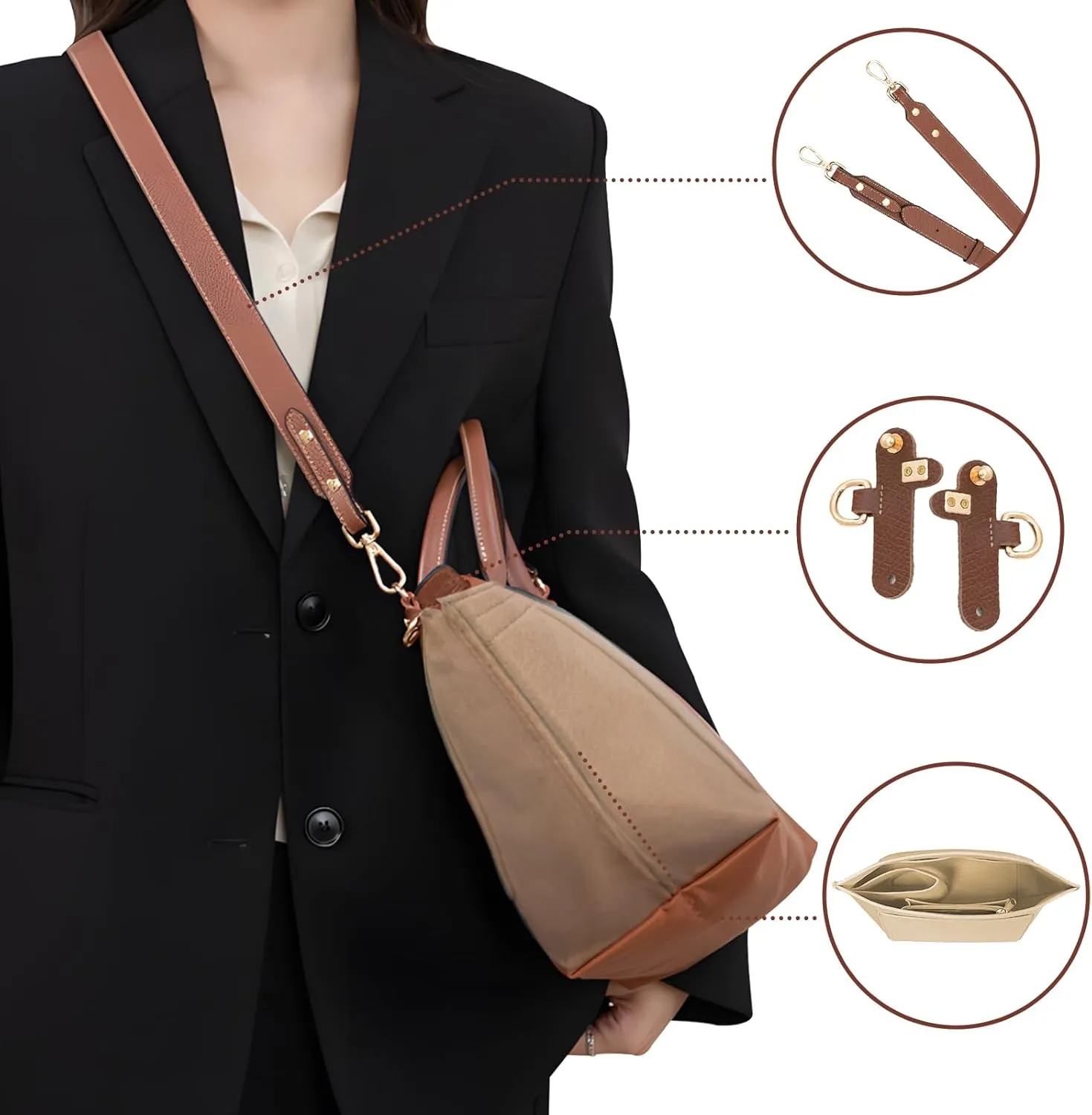 4 pcs Leather Bag Strap Conversion Kit and Felt Bag Organizer, CNYMANY Small Bag Shoulder Strap Replacement Set and Felt Purse Insert Organizer Compatible with Longchamp Small Handbag - Brown