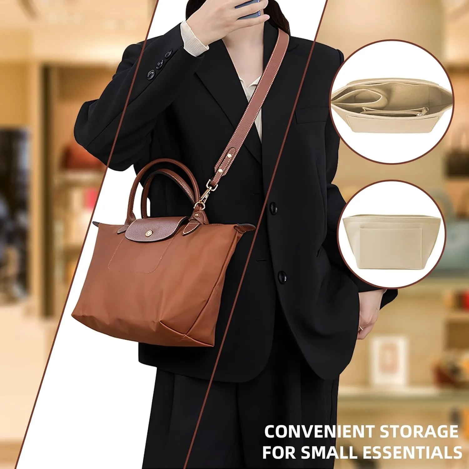 4 pcs Leather Bag Strap Conversion Kit and Felt Bag Organizer, CNYMANY Small Bag Shoulder Strap Replacement Set and Felt Purse Insert Organizer Compatible with Longchamp Small Handbag - Brown