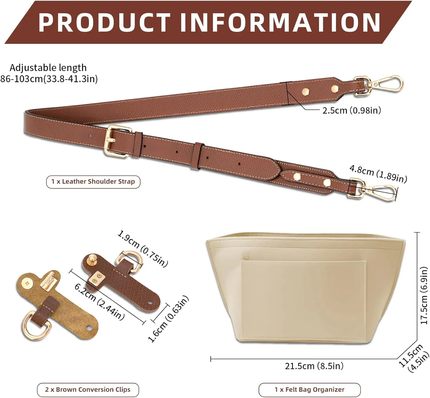 4 pcs Leather Bag Strap Conversion Kit and Felt Bag Organizer, CNYMANY Small Bag Shoulder Strap Replacement Set and Felt Purse Insert Organizer Compatible with Longchamp Small Handbag - Brown