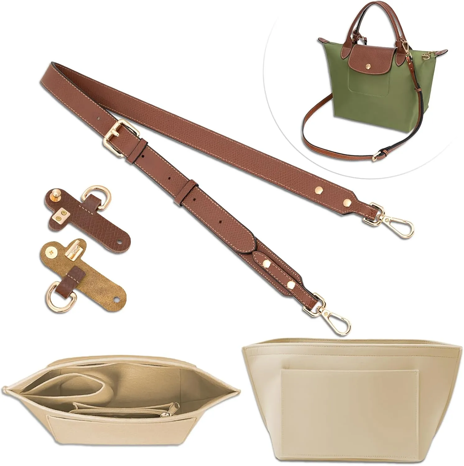 4 pcs Leather Bag Strap Conversion Kit and Felt Bag Organizer, CNYMANY Small Bag Shoulder Strap Replacement Set and Felt Purse Insert Organizer Compatible with Longchamp Small Handbag - Brown