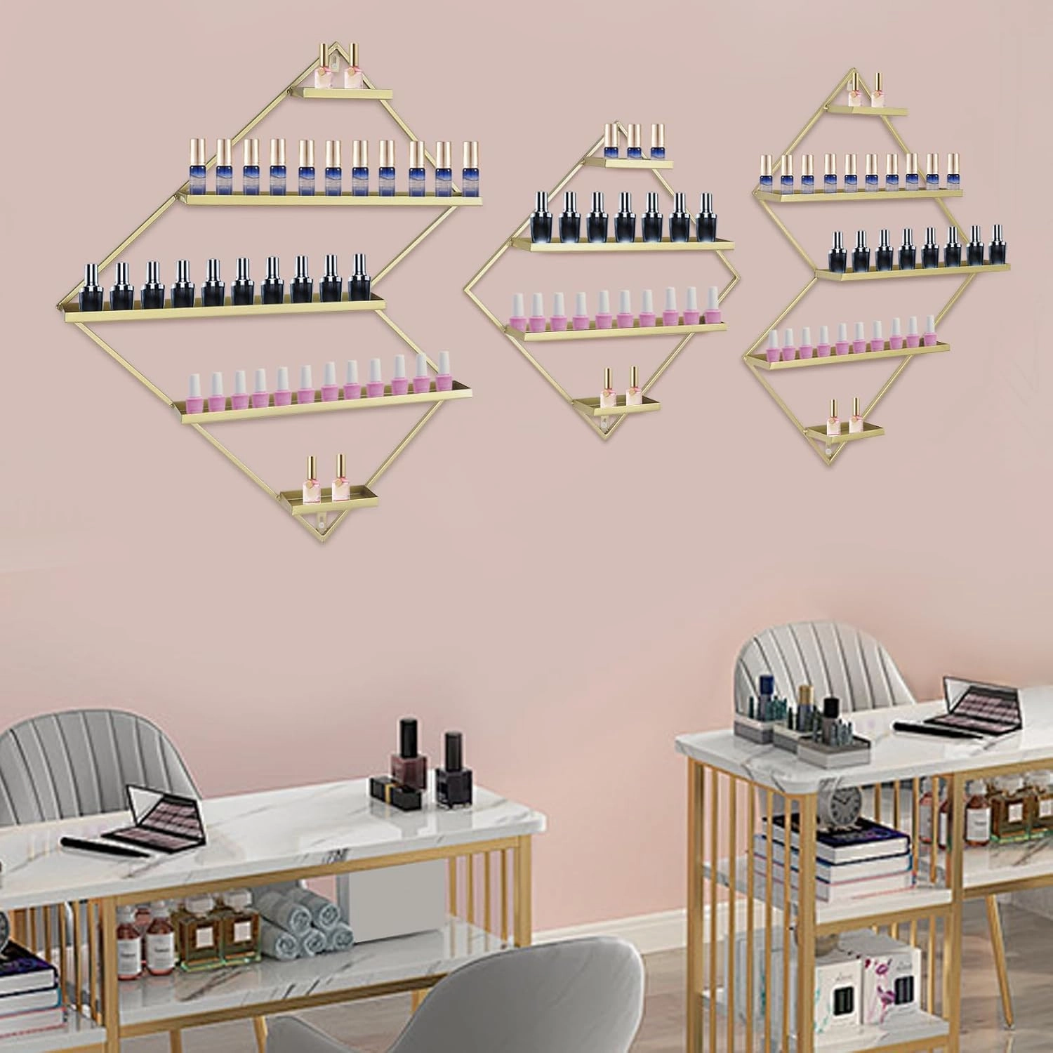 5 Tier Wall-Mounted Metal Nail Polish Display Rack, Simple Rhombus Floating Wall Mount Cosmetic Display Shelves, Lipstick, Perfume, and Essential Oil Organizer for Home Spa Nail Salon Shop, Gold