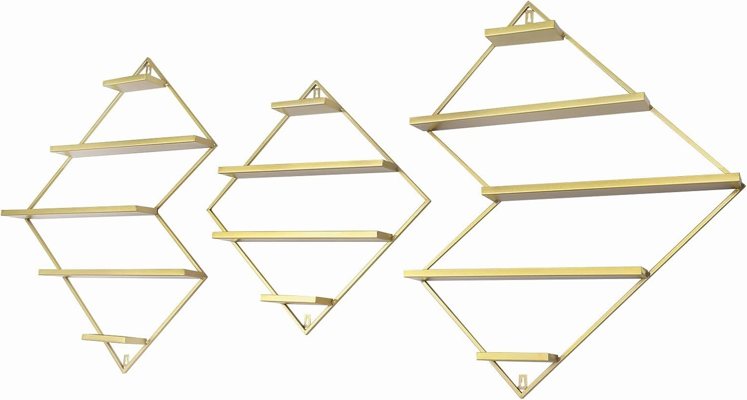 5 Tier Wall-Mounted Metal Nail Polish Display Rack, Simple Rhombus Floating Wall Mount Cosmetic Display Shelves, Lipstick, Perfume, and Essential Oil Organizer for Home Spa Nail Salon Shop, Gold