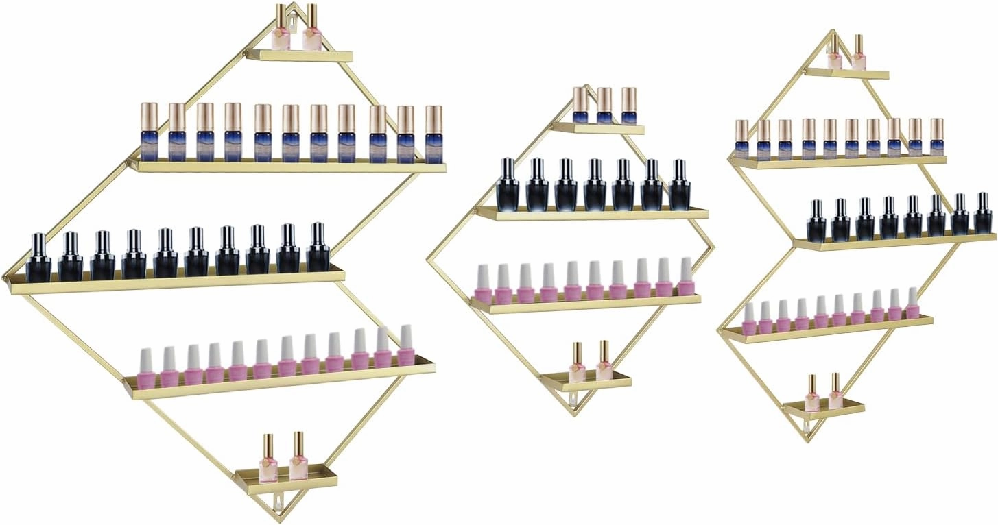 5 Tier Wall-Mounted Metal Nail Polish Display Rack, Simple Rhombus Floating Wall Mount Cosmetic Display Shelves, Lipstick, Perfume, and Essential Oil Organizer for Home Spa Nail Salon Shop, Gold
