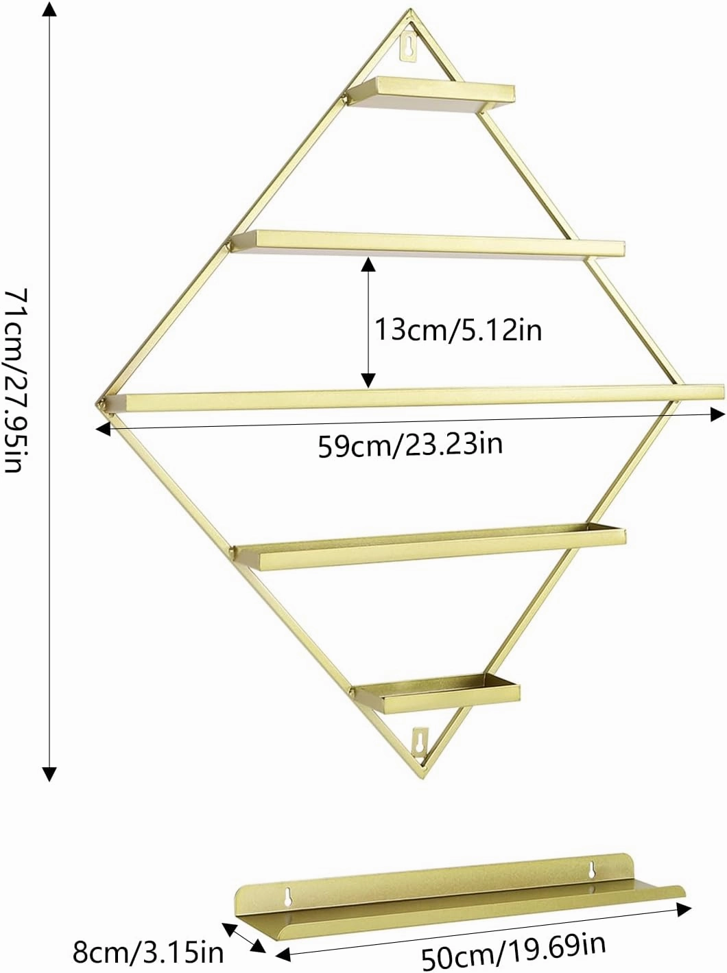 5 Tier Wall-Mounted Metal Nail Polish Display Rack, Simple Rhombus Floating Wall Mount Cosmetic Display Shelves, Lipstick, Perfume, and Essential Oil Organizer for Home Spa Nail Salon Shop, Gold