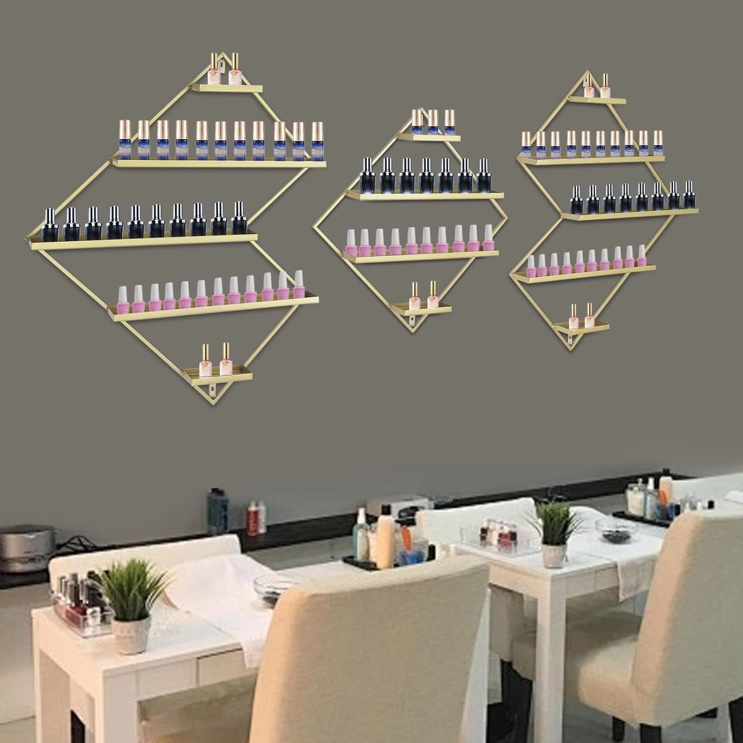 5 Tier Wall-Mounted Metal Nail Polish Display Rack, Simple Rhombus Floating Wall Mount Cosmetic Display Shelves, Lipstick, Perfume, and Essential Oil Organizer for Home Spa Nail Salon Shop, Gold