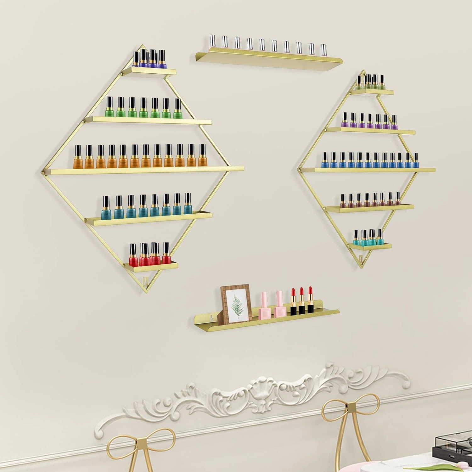 5 Tier Wall-Mounted Metal Nail Polish Display Rack, Simple Rhombus Floating Wall Mount Cosmetic Display Shelves, Lipstick, Perfume, and Essential Oil Organizer for Home Spa Nail Salon Shop, Gold