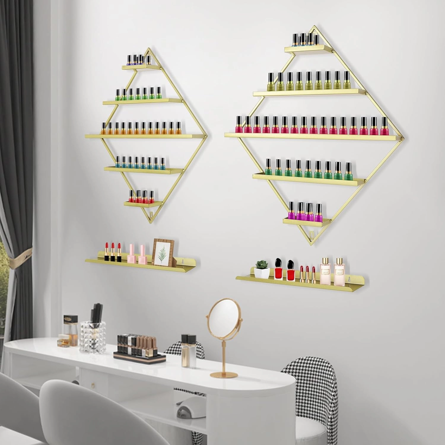 5 Tier Wall-Mounted Metal Nail Polish Display Rack, Simple Rhombus Floating Wall Mount Cosmetic Display Shelves, Lipstick, Perfume, and Essential Oil Organizer for Home Spa Nail Salon Shop, Gold