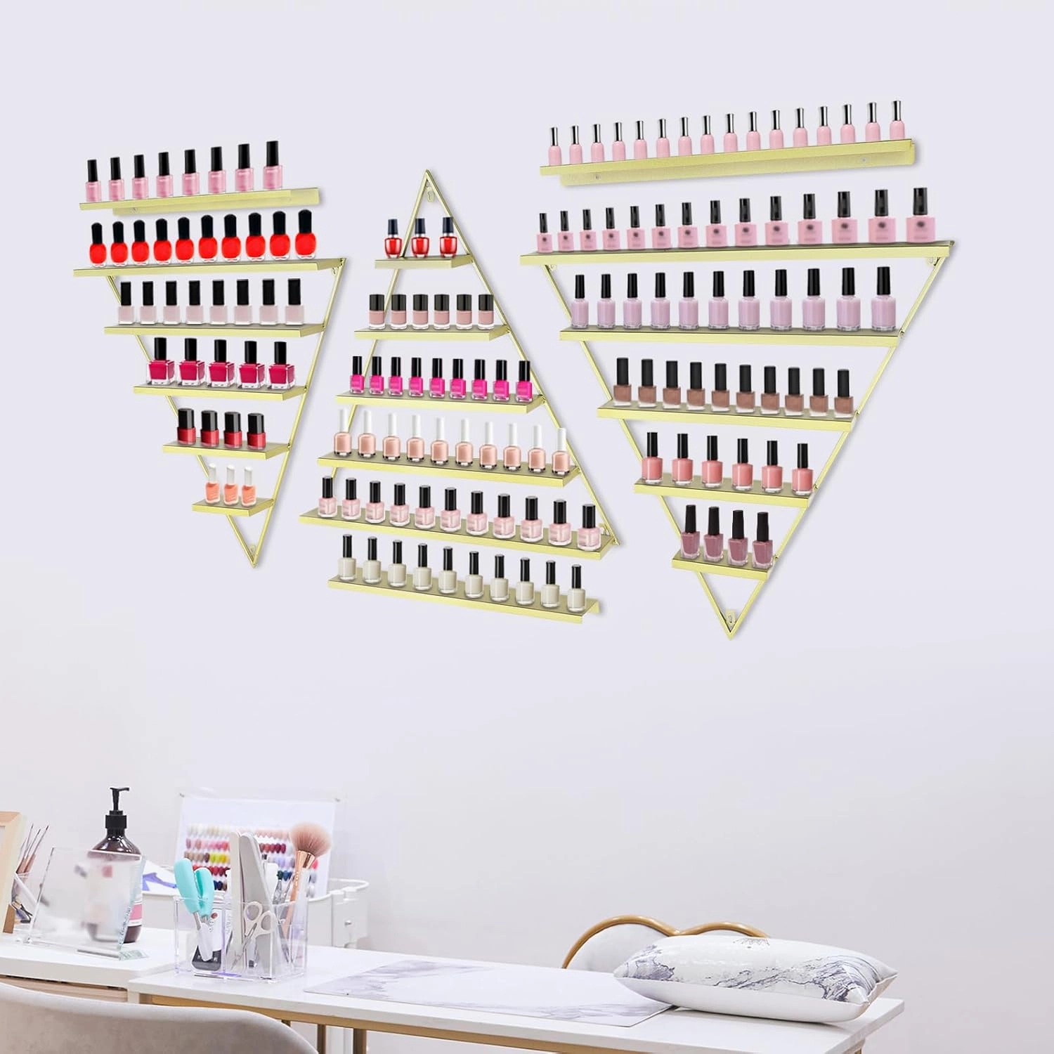 5 Tiers Triangle Display Racks 6 Set Nail Polish Display Shelves Wall-Mounted Metal Nail Polish Storage Racks Lipstick Perfume Wall Shelf Organizers for Spa Nail Salon Shop (Gold)