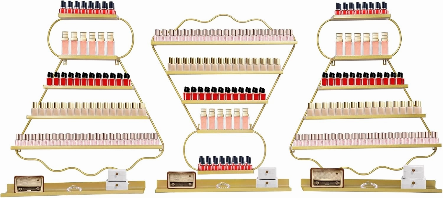 6PS Metal Wall Mounted Nail Polish Storage Racks, Badminton-Shaped Nail Polish Display Rack Cosmetic Display Case Lipstick Perfume Wall Shelf for Spa Nail Salon (Gold)