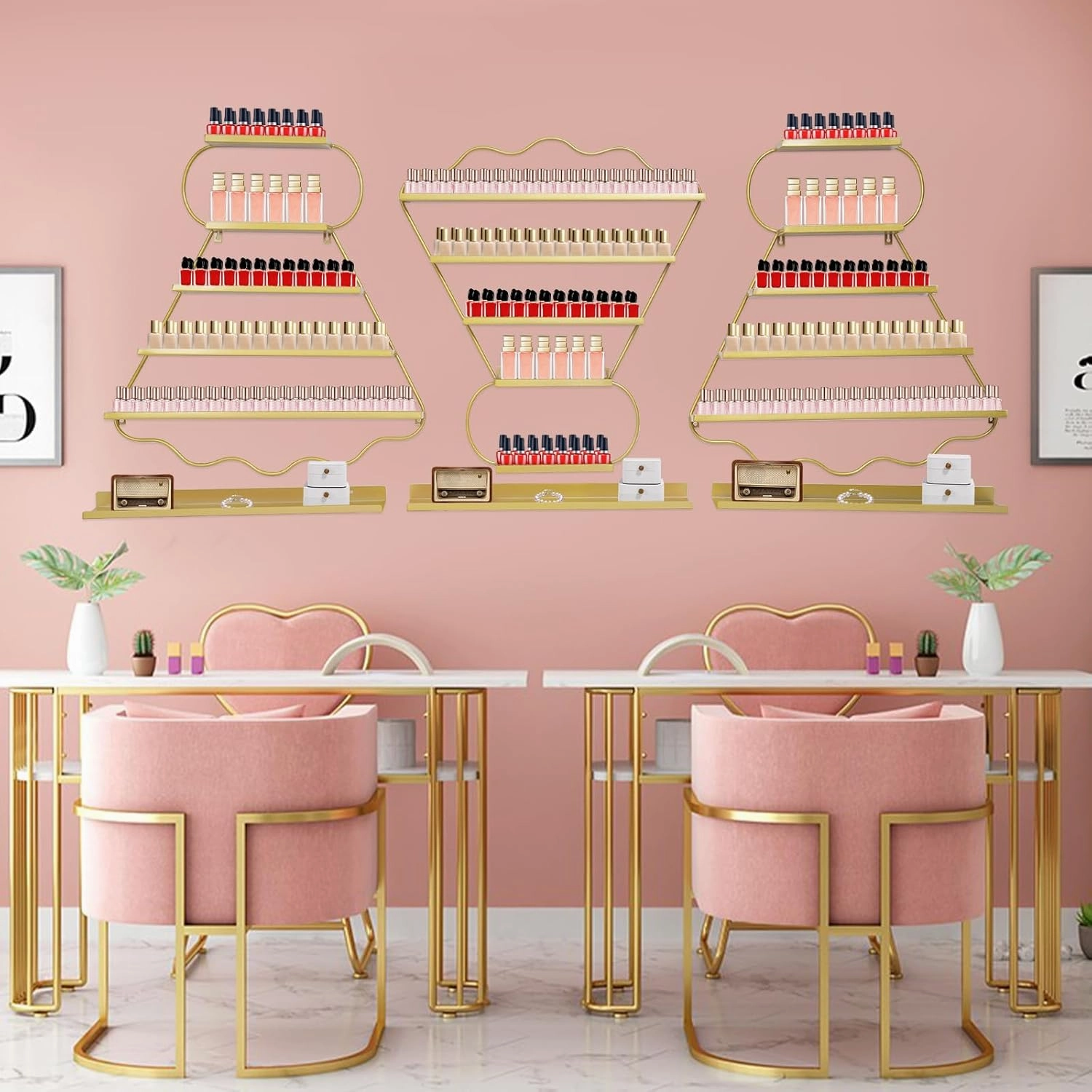 6PS Metal Wall Mounted Nail Polish Storage Racks, Badminton-Shaped Nail Polish Display Rack Cosmetic Display Case Lipstick Perfume Wall Shelf for Spa Nail Salon (Gold)