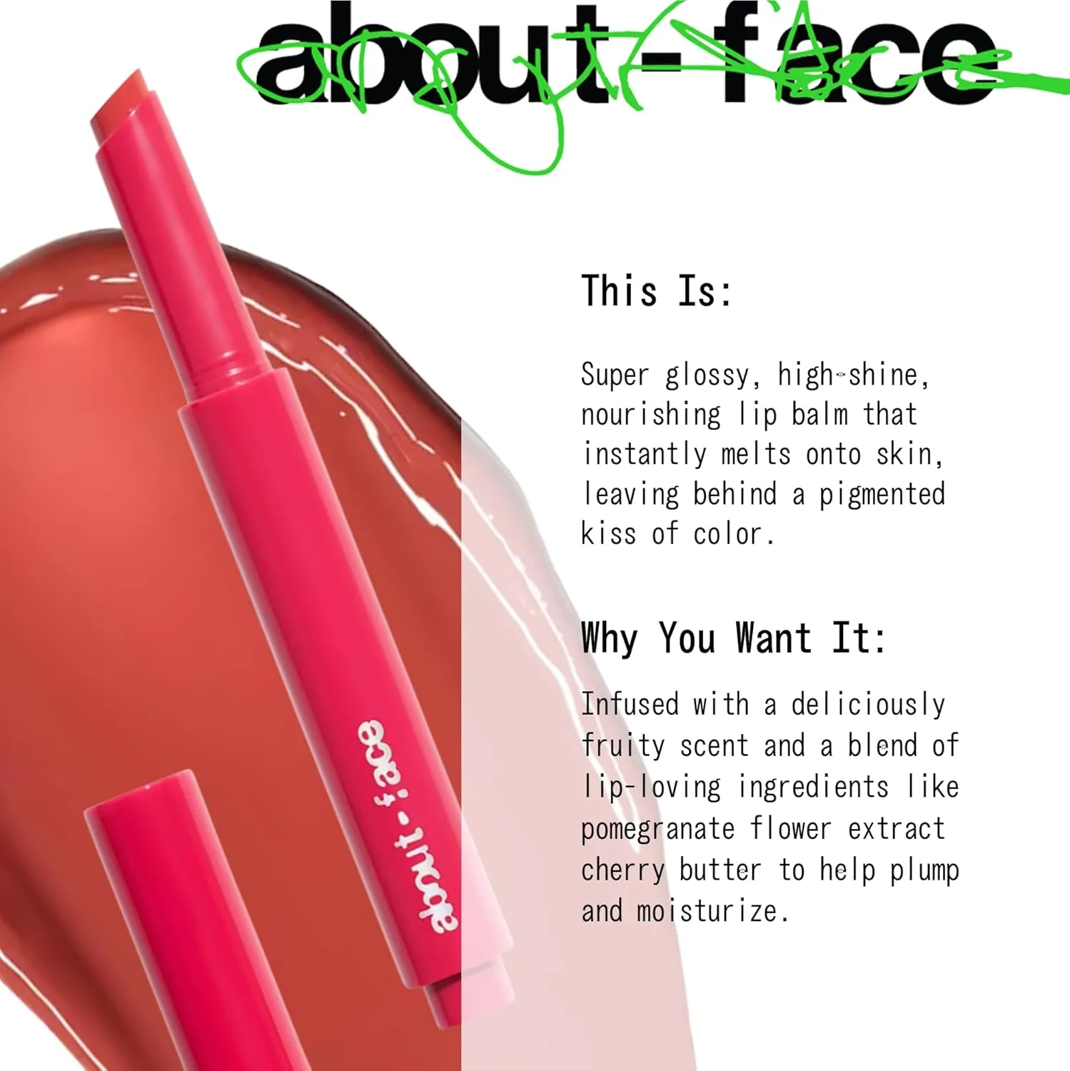 about-face Cherry Pick Lip Color Butter – High-Shine, Hydrating Lip Balm with Pomegranate Flower Extract & Cherry Butter – Vegan, Cruelty-Free, Clean Beauty – 0.06 oz (Peach Punisher – Cinnamon Peach)