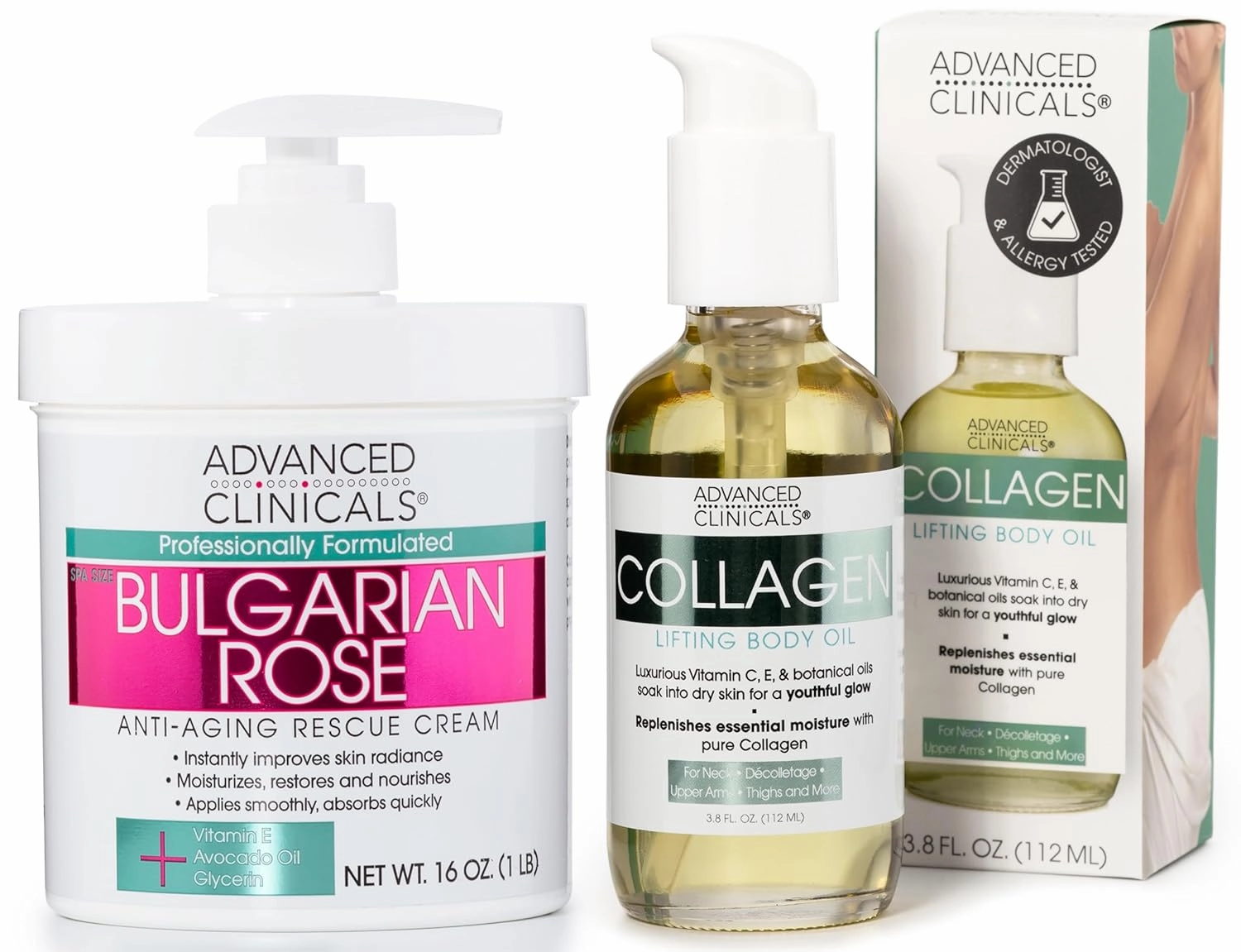 Advanced Clinicals Bulgarian Rose Anti Aging Cream   Collagen Lifting Body Oil Set