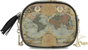 ALAZA Women's Ancient World Map Cross Body Bag Chain Shoulder Handbag Purse with Tassel