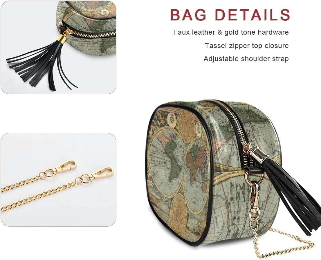 ALAZA Women's Ancient World Map Cross Body Bag Chain Shoulder Handbag Purse with Tassel