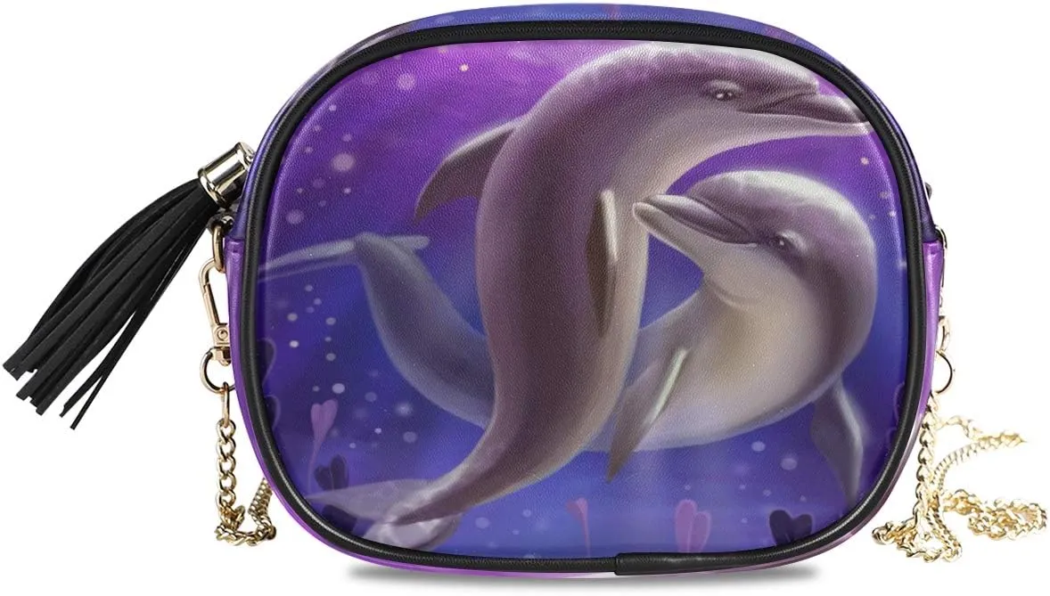 ALAZA Women's Two Lovers Dolphin Purple PU Leather Crossbody Bag Shoulder Purse with Tassel