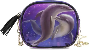 ALAZA Women's Two Lovers Dolphin Purple PU Leather Crossbody Bag Shoulder Purse with Tassel