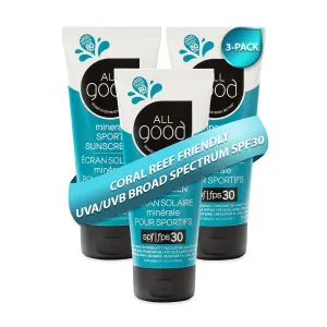 All Good Sport Mineral Sunscreen Lotion - Coral Reef Friendly, Water & Sweat Resistant, Face & Body, UVA/UVB Broad Spectrum SPF 30  (3 oz)(3-Pack)
