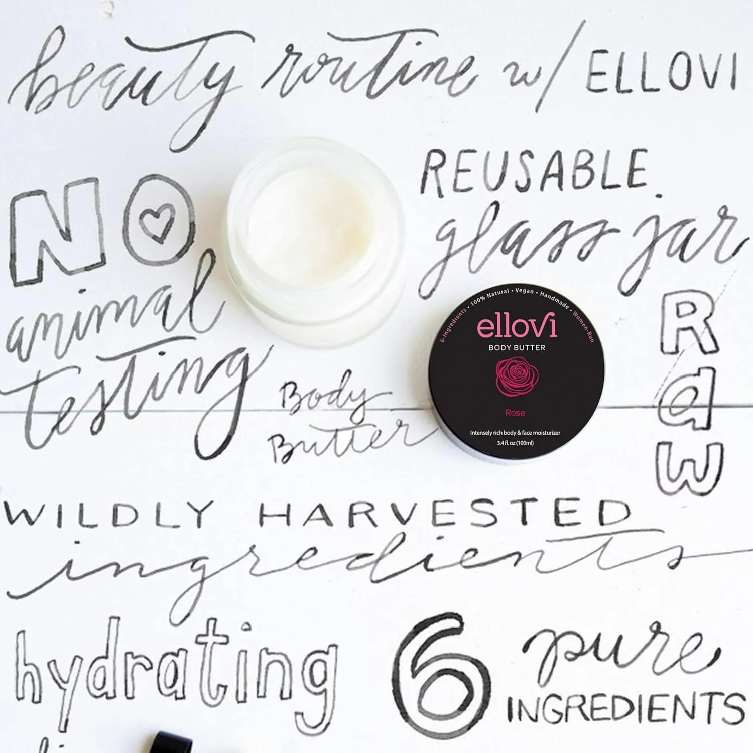 All-Natural Body Butter - Rose - Pure Enough to Eat - Made With Just 6 Vegan Ingredients - Ultra-Rich 100% Plant-Based Hydrating Moisturizer For Naturally Healthy Skin (3.4 fl. oz/100ml)